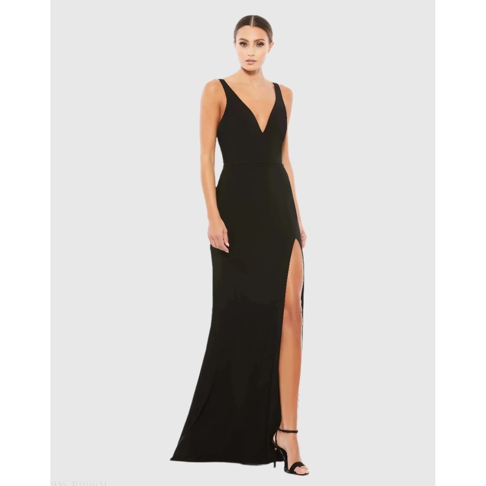 Ieena for Mac Duggal Black Deep V-Neck High Slit Formal Gown Dress 25846 Size 4